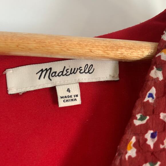Madewell Red Floral Mini Dress Size 4 V-Neck Ruched Sleeves Lined Flowy Fit - Picture 8 of 9